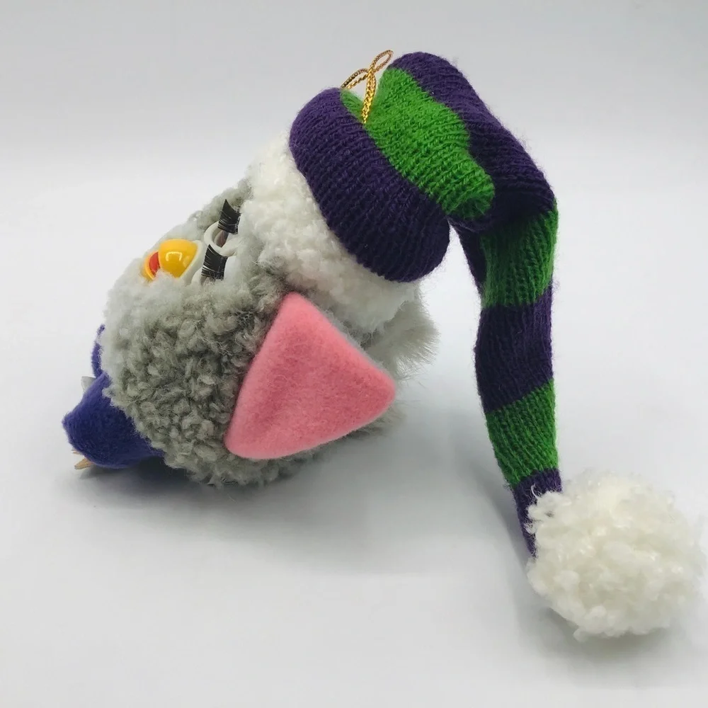 Vtg Furby Christmas Ornament Plush Stuffed Gray Santa Hat Xmas Ice Skates 4”